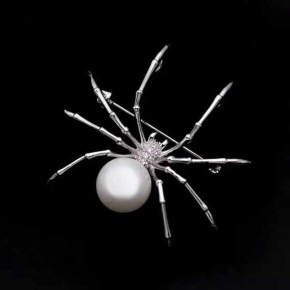 PEARL DIAMOND SILVER SPIDER BROOCH PIN - Picture 1 of 6